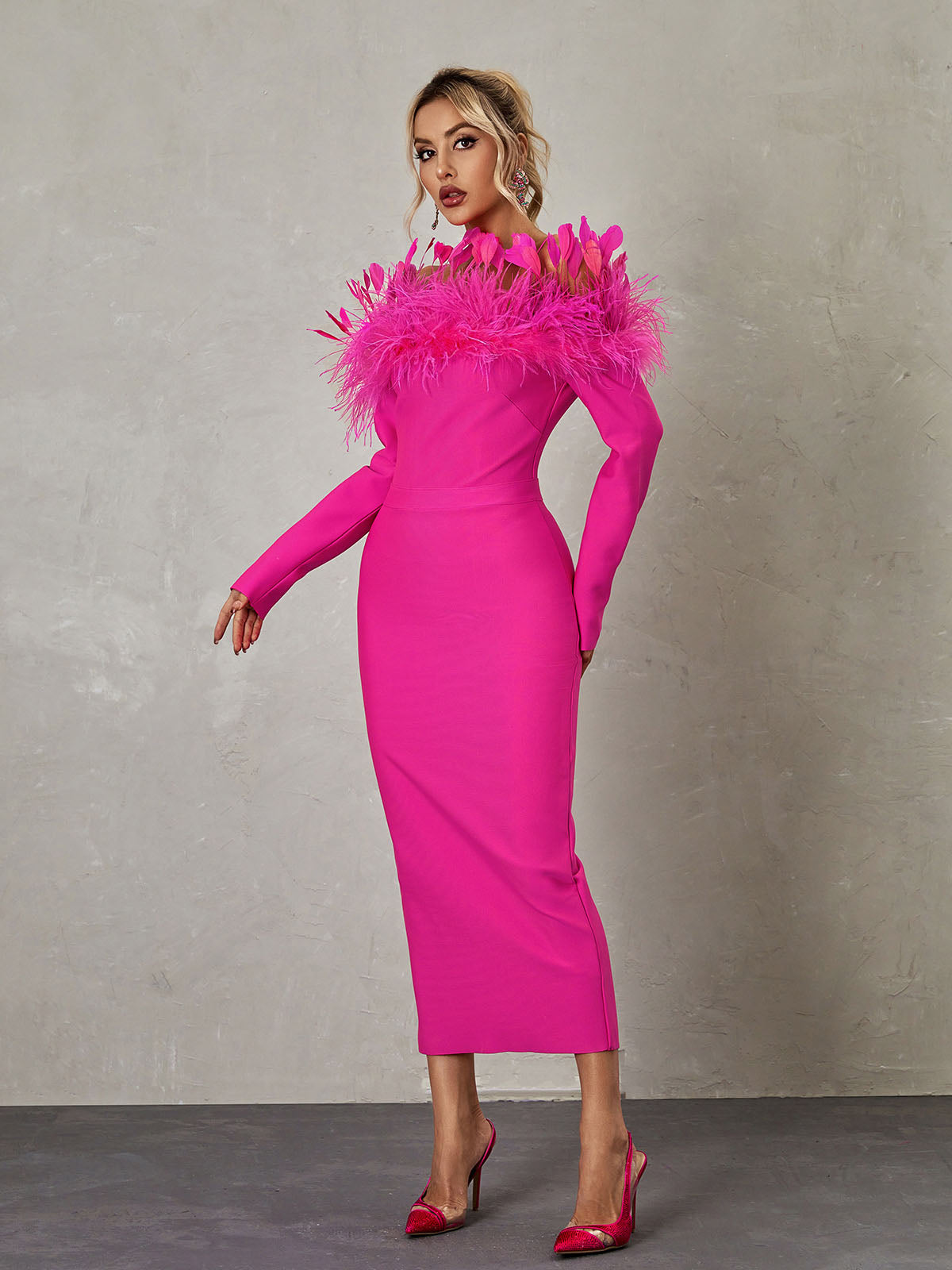Feather Off Shoulder Long Sleeve Bandage Maxi Dress
