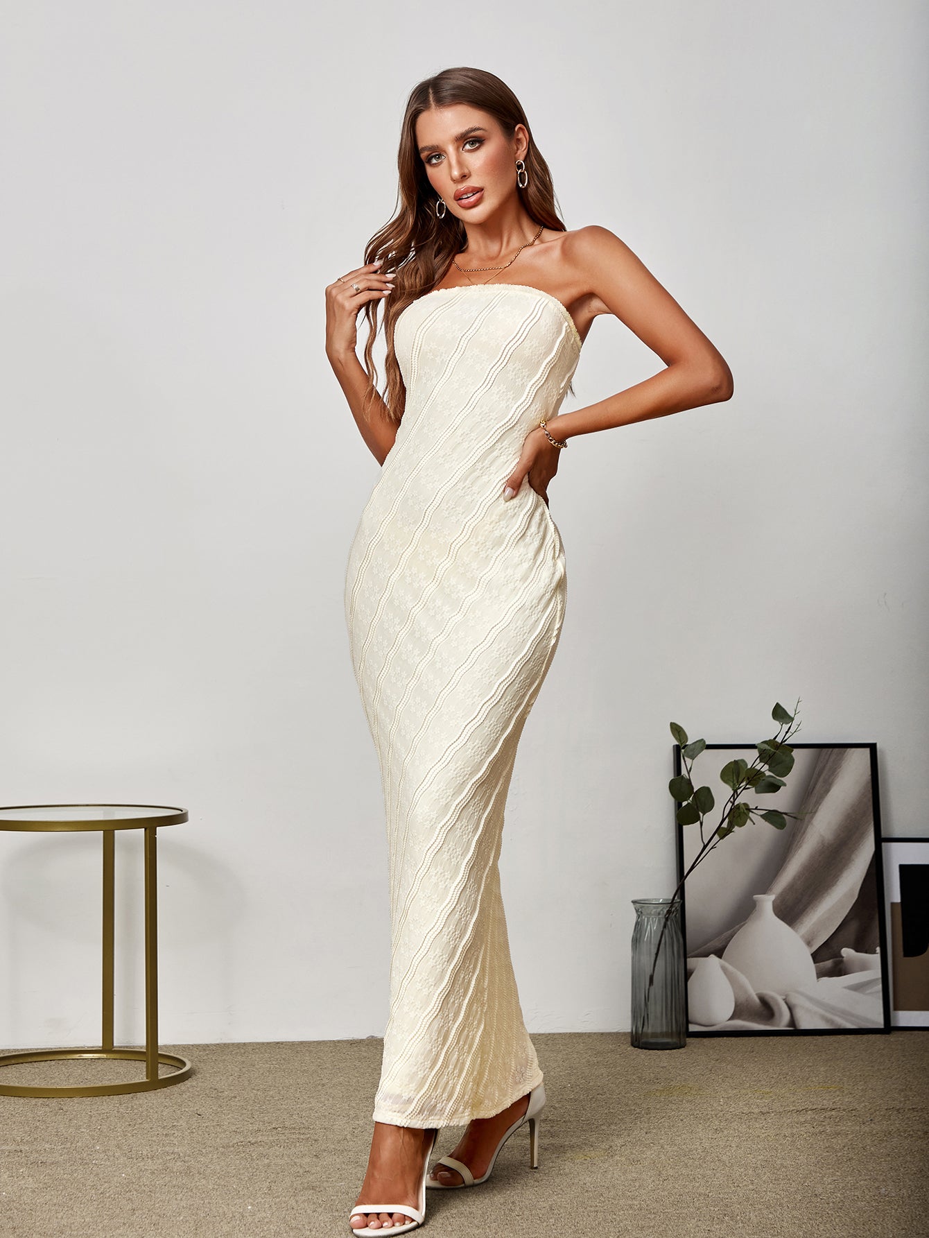 Embroidery Lace Bodycon Tube Long Dress - View 4