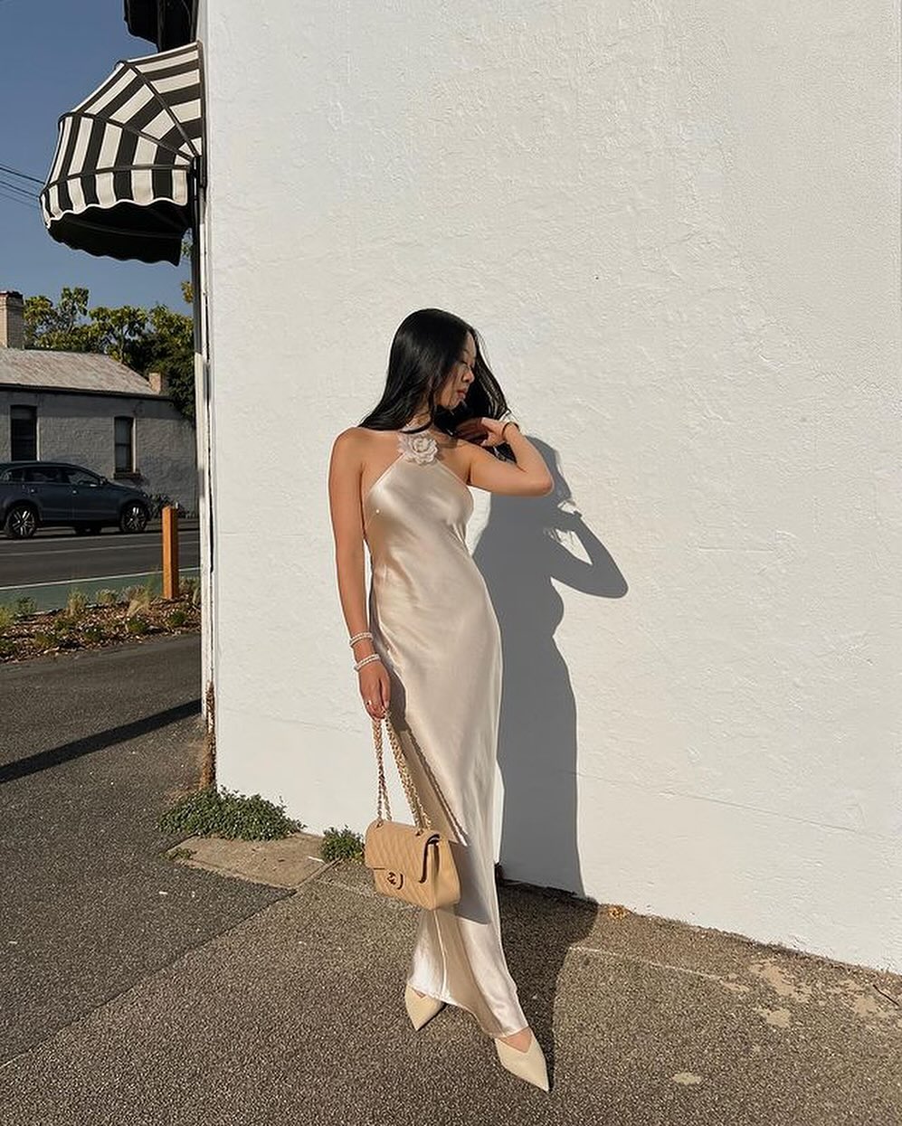 Satin Halter Neck Rosette Detail Backless Maxi Dress 4
