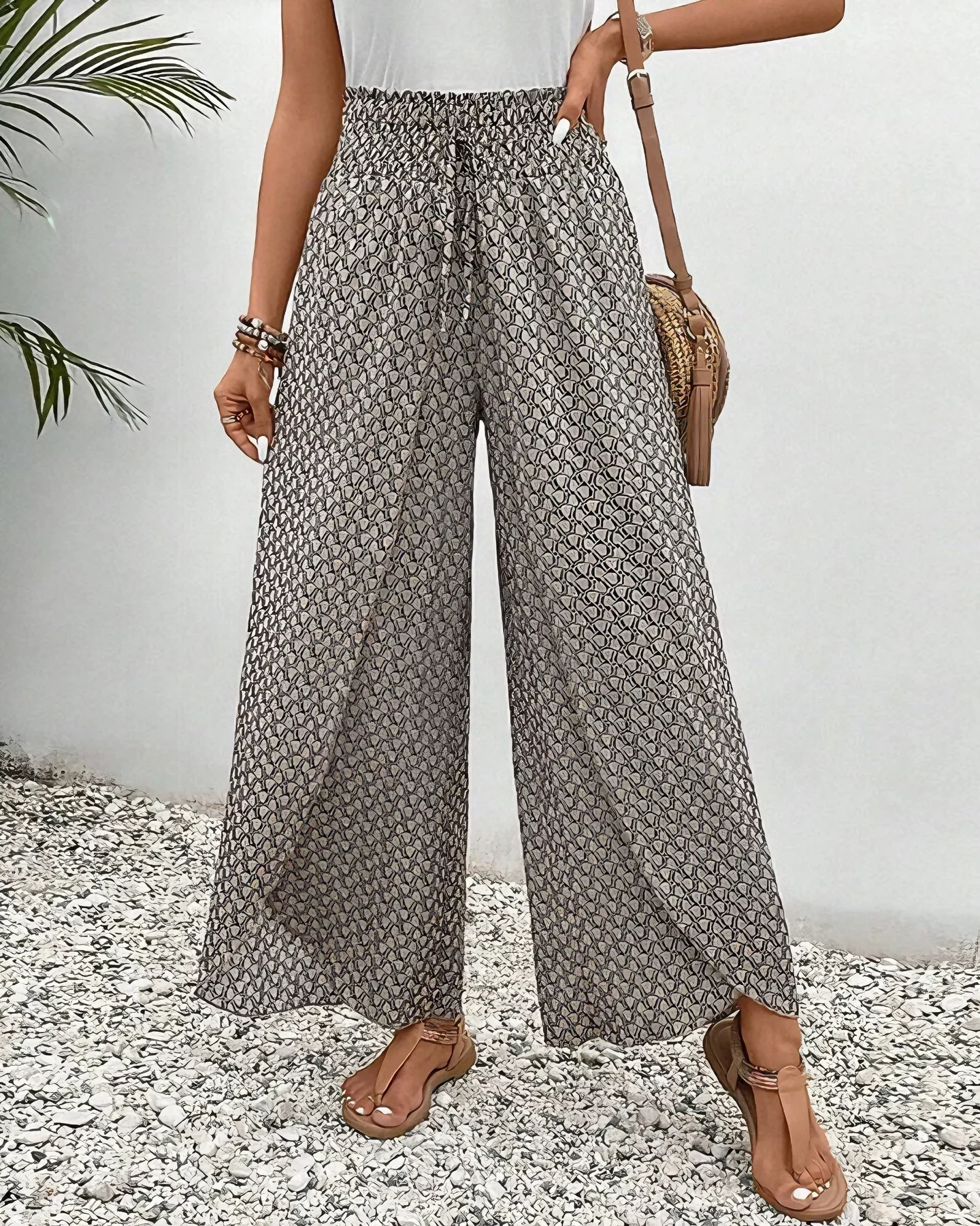 Geometric Print Smocked Waist Drawstring Wide Leg Palazzo Pants