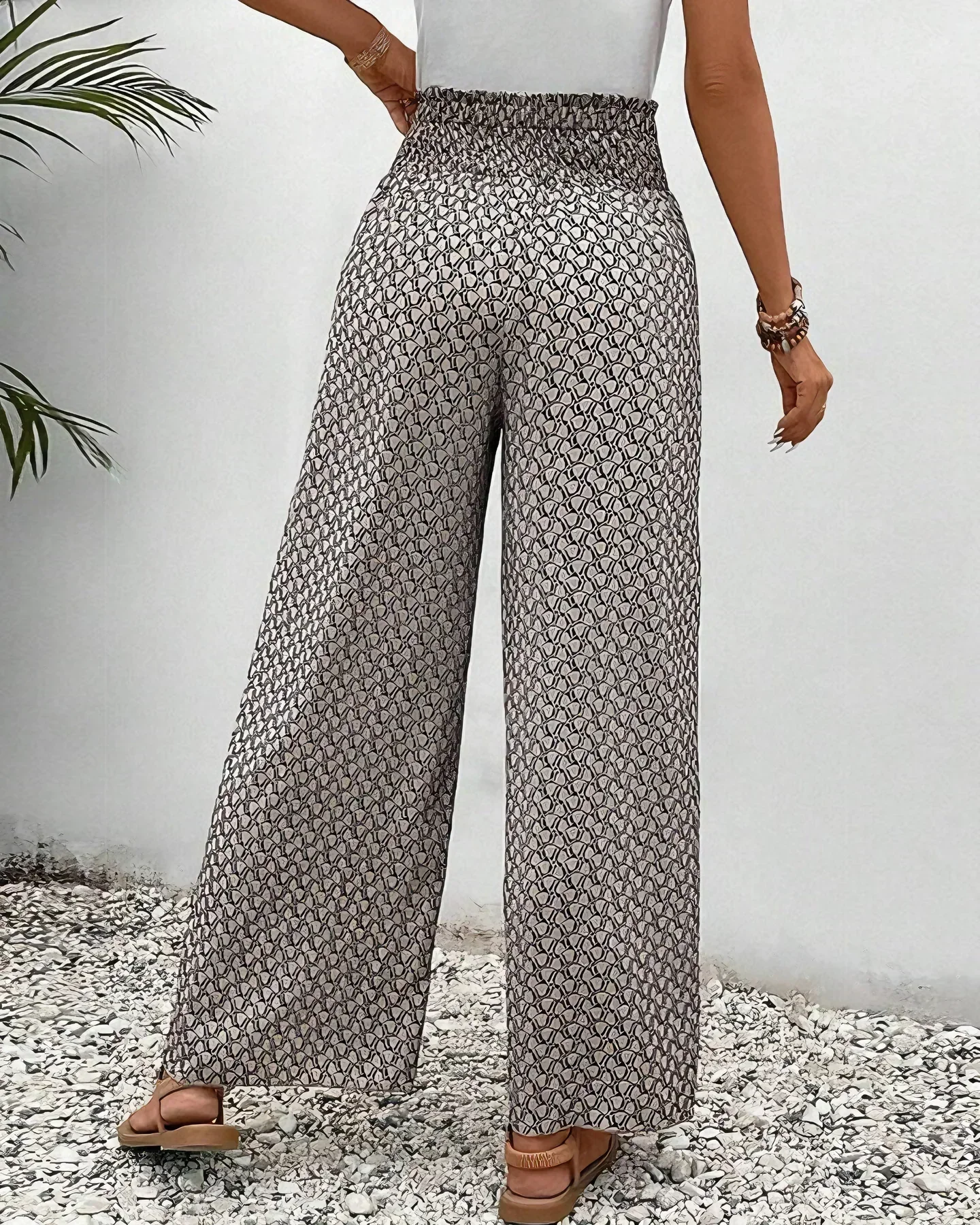Geometric Print Smocked Waist Drawstring Wide Leg Palazzo Pants