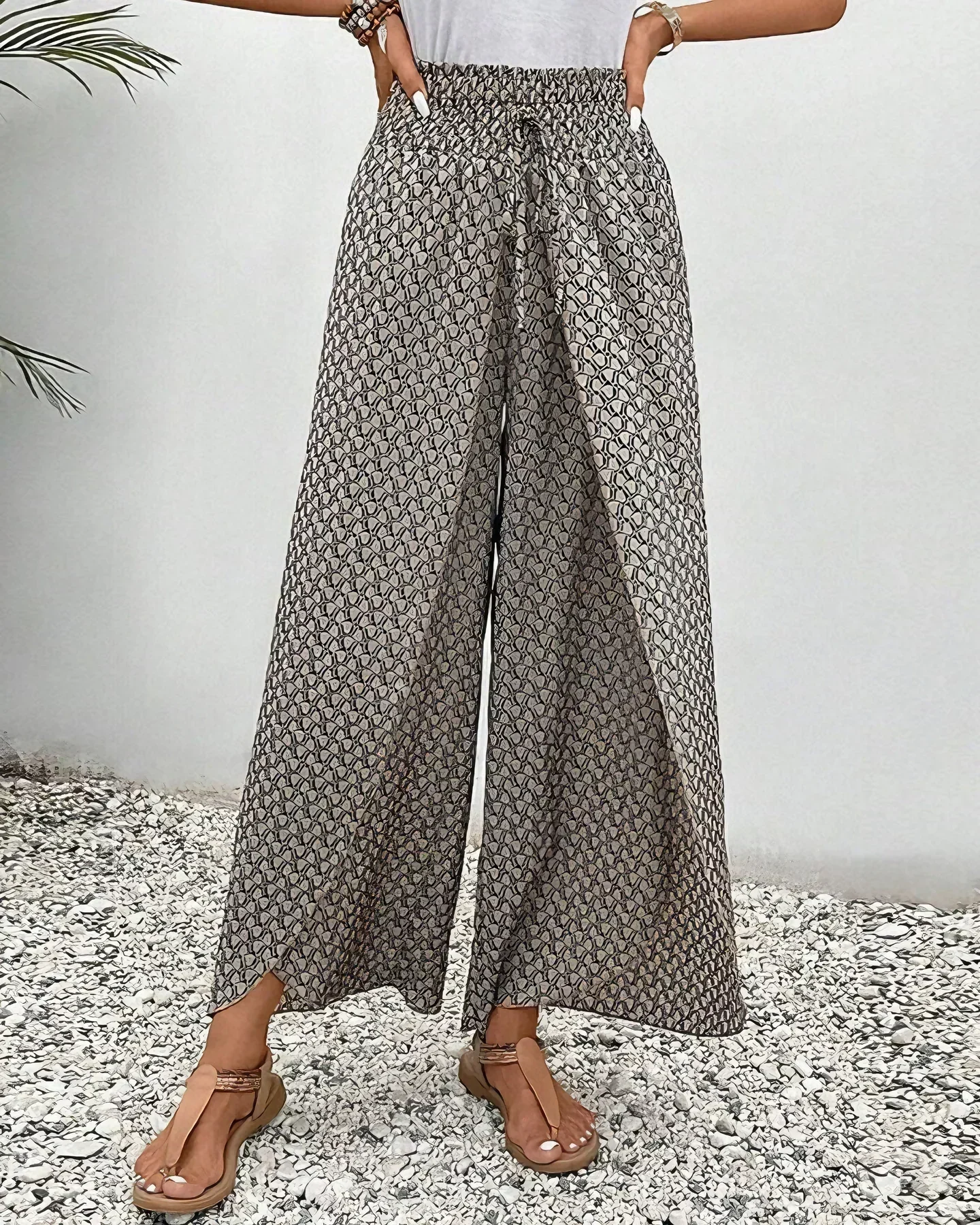 Geometric Print Smocked Waist Drawstring Wide Leg Palazzo Pants