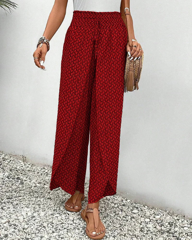 Geometric Print Smocked Waist Drawstring Wide Leg Palazzo Pants