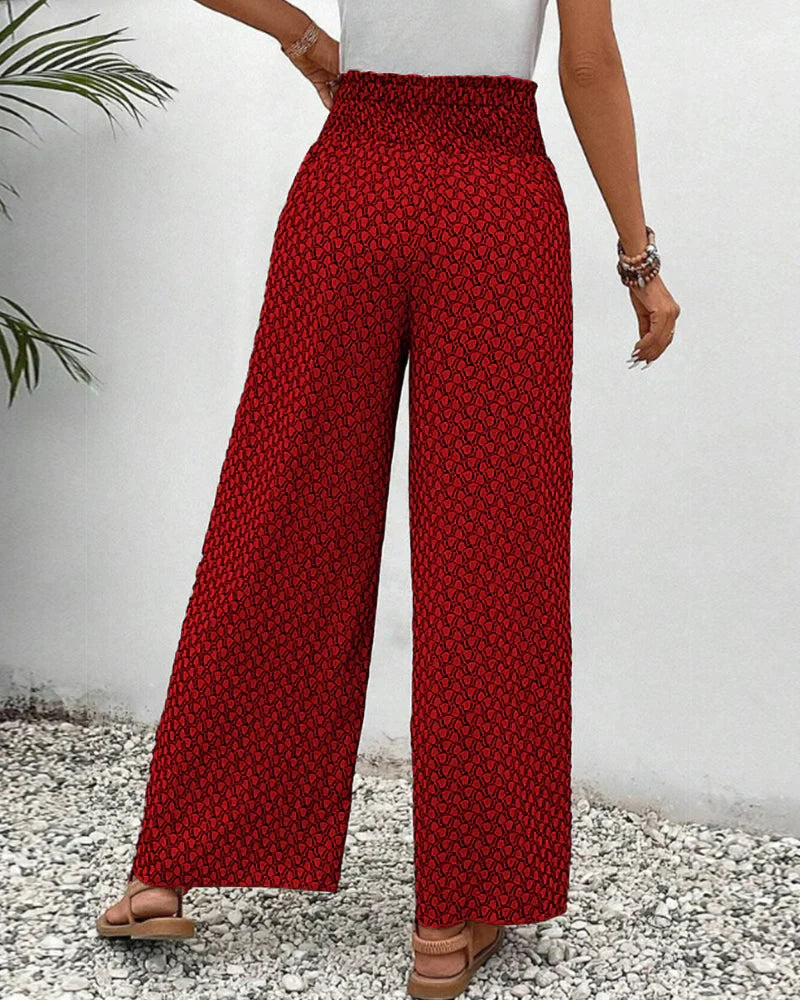 Geometric Print Smocked Waist Drawstring Wide Leg Palazzo Pants