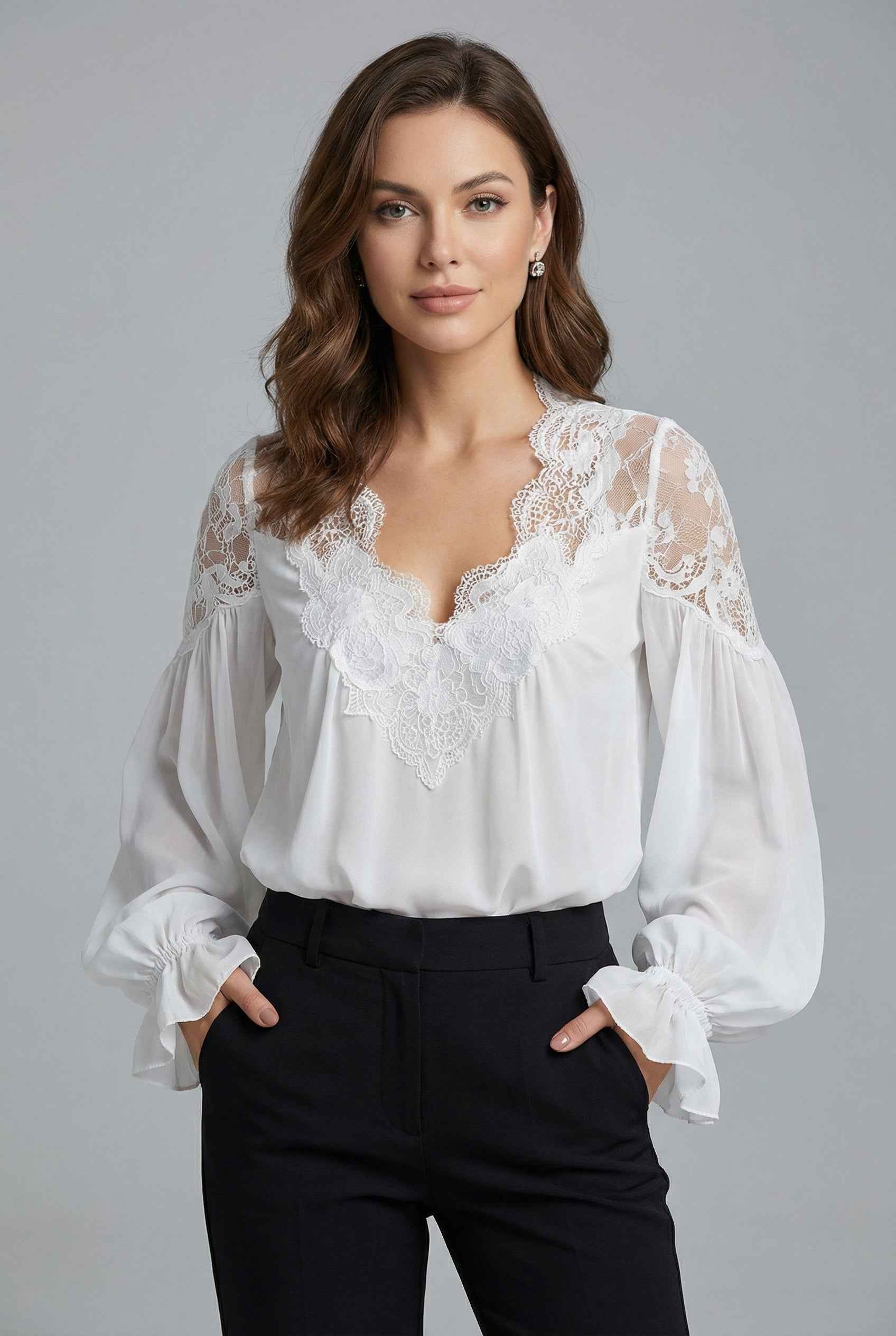 Elegant Airy Lace Collar Blouse - Professional Fit, Breathable Fabric - Jamota