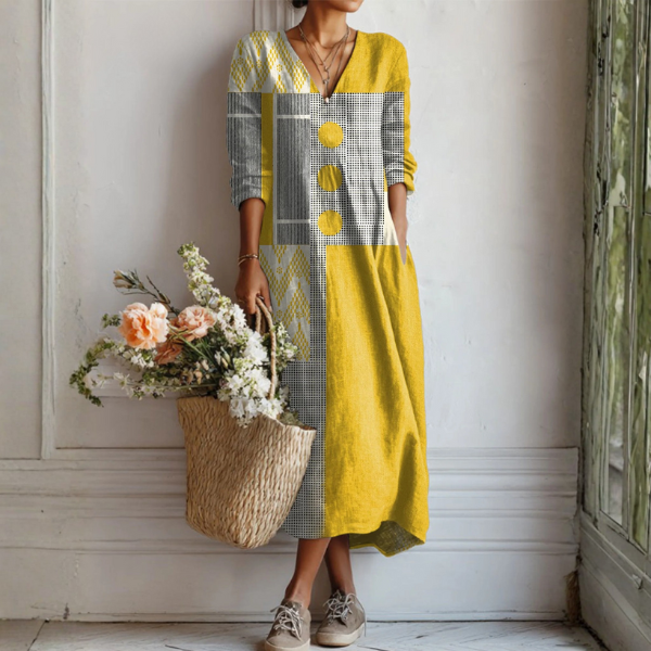 Abstract Print V-Neck Long Sleeve Midi Dress