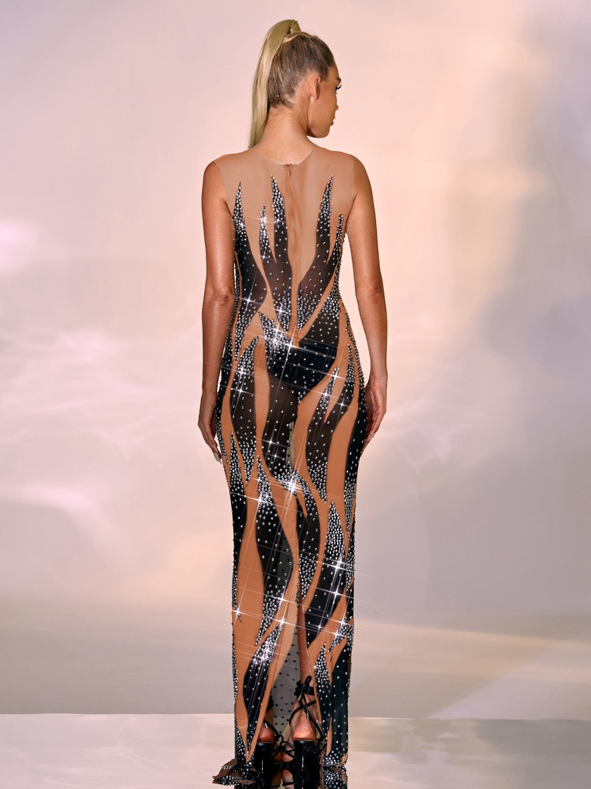Emmaline Rhinestone Mesh Maxi Dress In Light Nude 5
