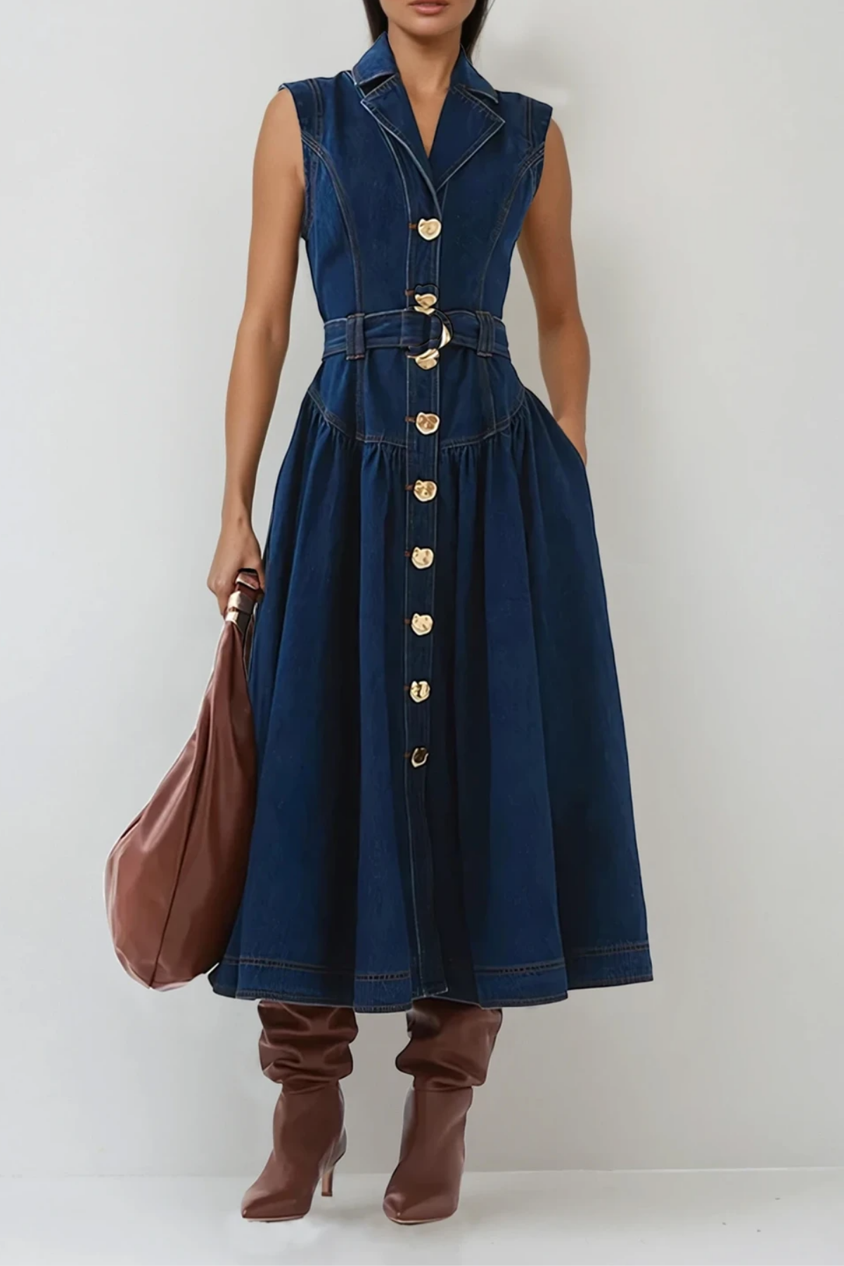 Emmanuel Bare-Arm Denim Midi Dress In Blue