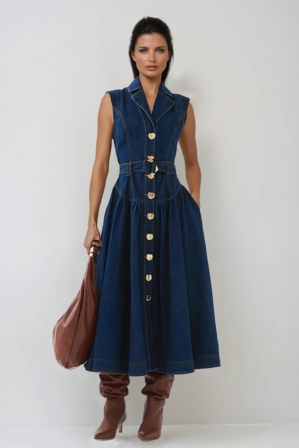 Emmanuel Bare-Arm Denim Midi Dress In Blue