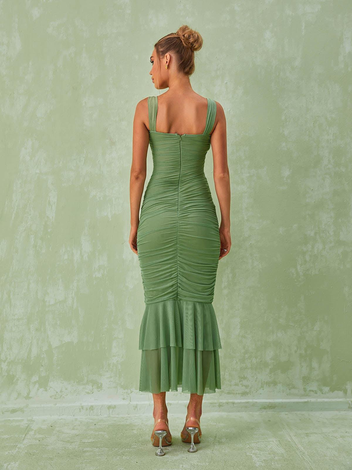 Eri Ruched Mesh Maxi Dress In Green 5