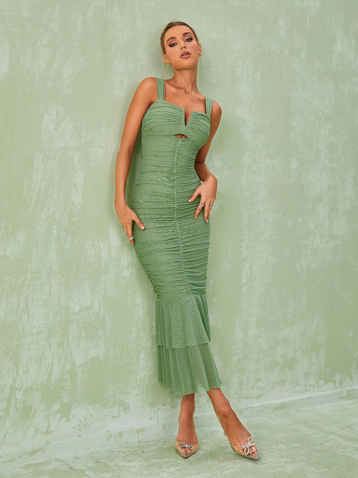 Ruched Mesh Notch Neck Cut Out Ruffle Hem Mermaid Midi Dress