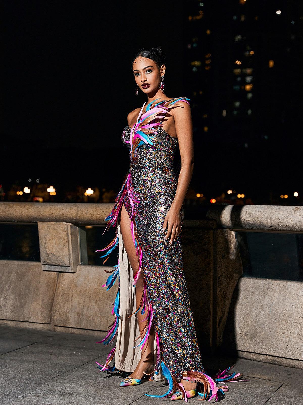 Strapless Feather Split Sequin Dress - View 3