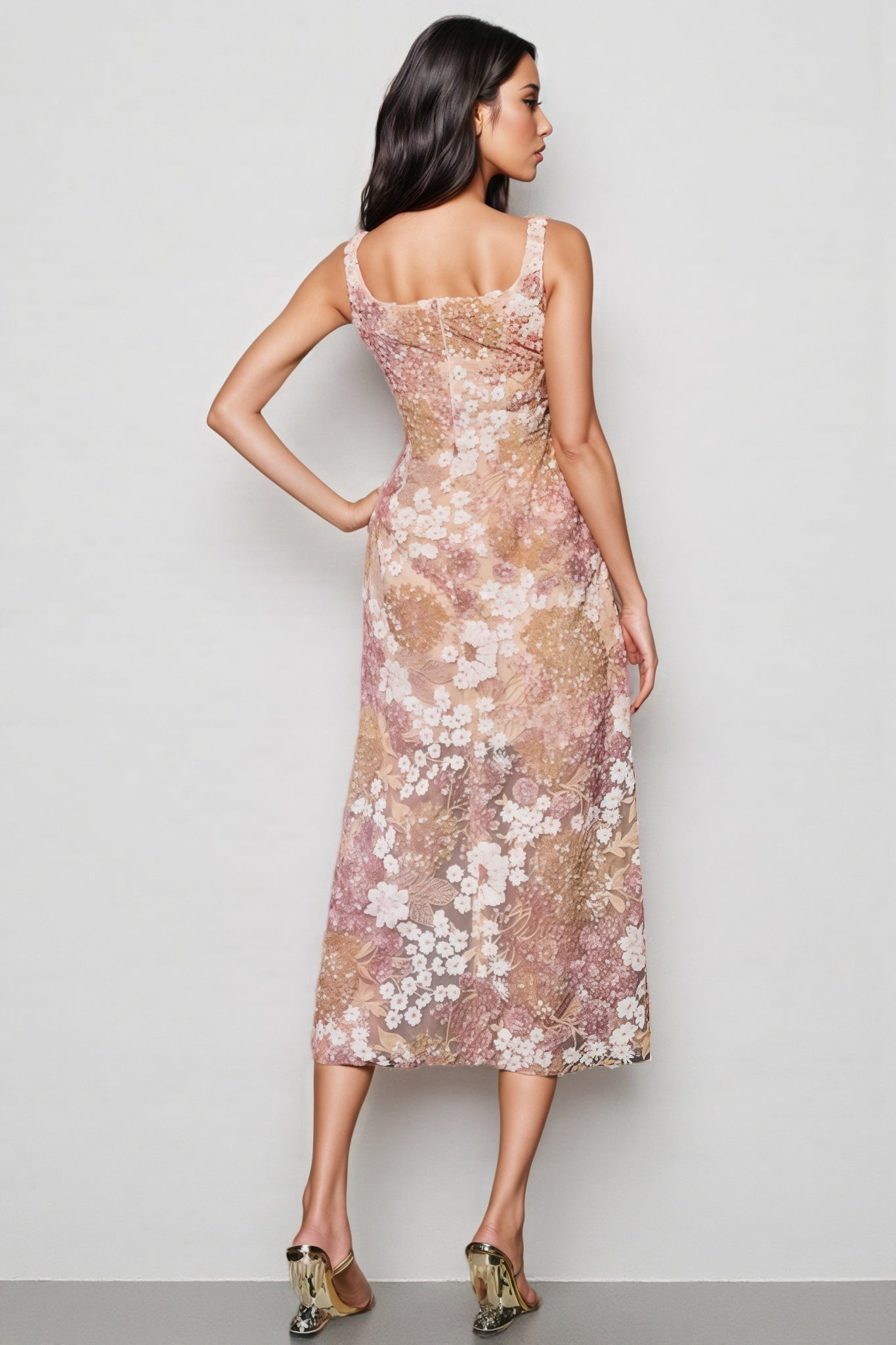 Floral Embroidered Square Neck A-Line Midi Dress