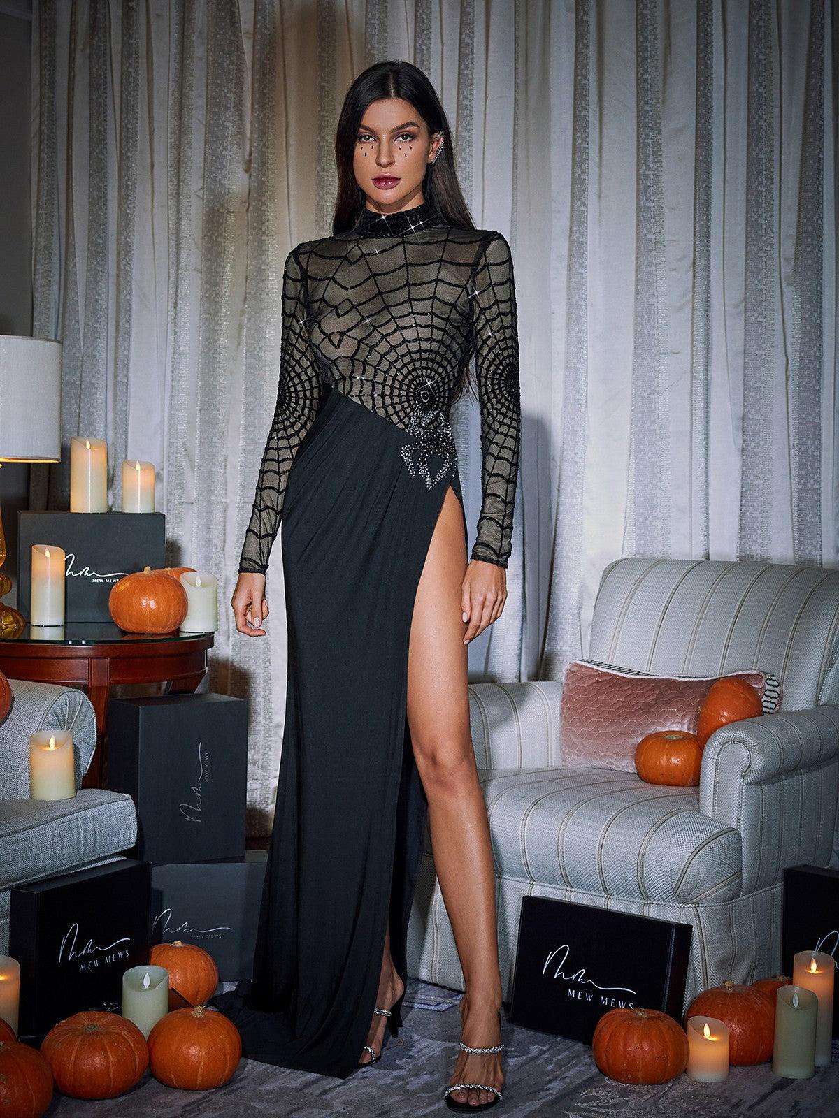 Cobweb Mesh High Neck Batwing Sleeve High Split Maxi Dress