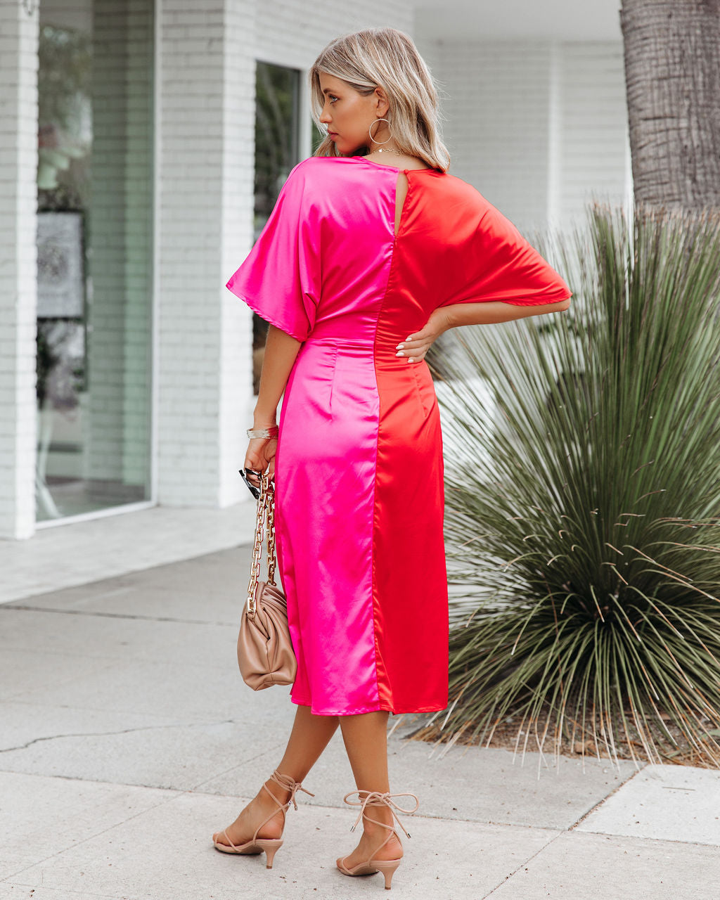 Satin Colorblock V-Neck Short Sleeve Twist Front Split Midi Dress 2