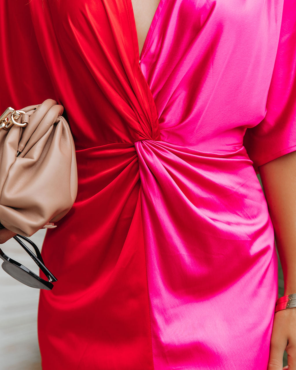 Satin Colorblock V-Neck Short Sleeve Twist Front Split Midi Dress 4
