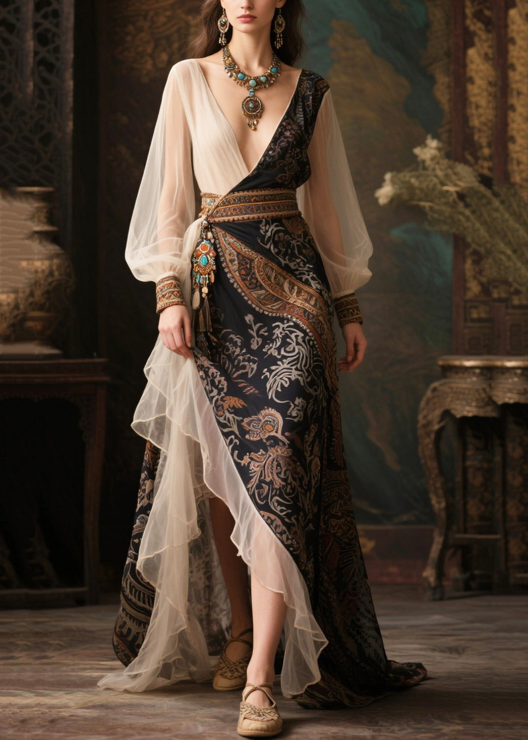 Paisley Print Wrap V-Neck Bishop Sleeve Embroidered Cuff Belted Tiered Maxi Gown