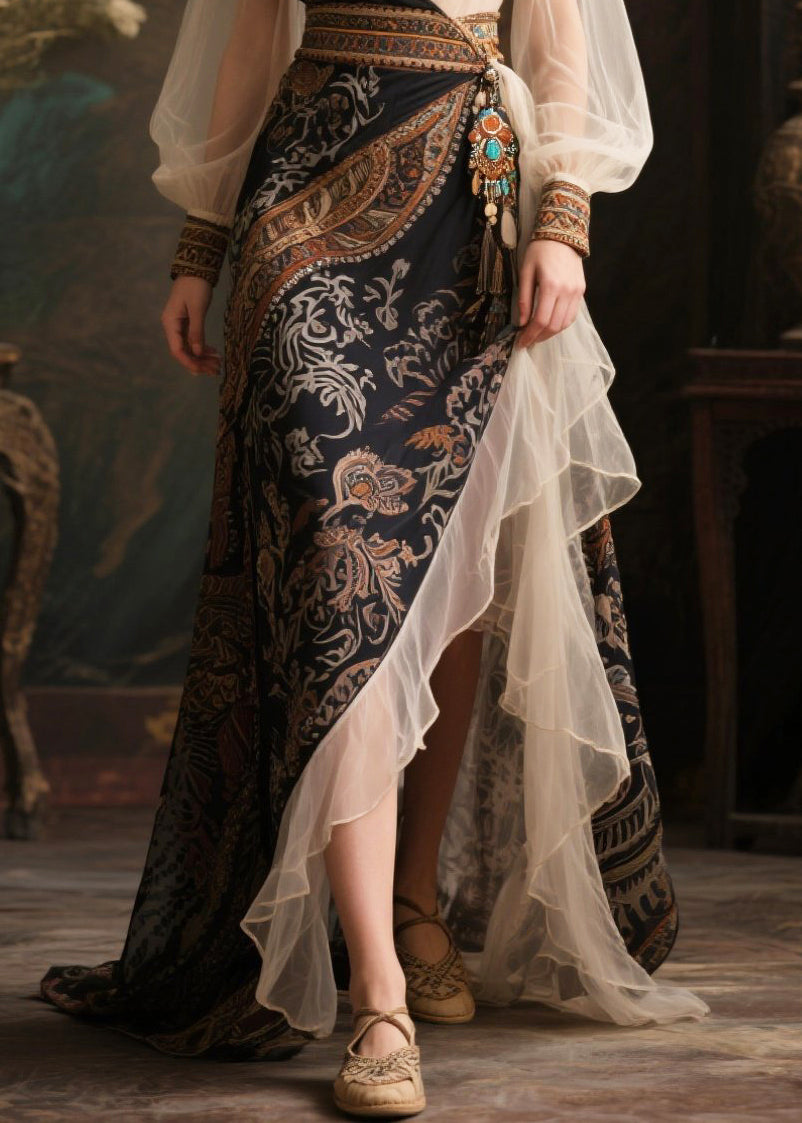 Paisley Print Wrap V-Neck Bishop Sleeve Embroidered Cuff Belted Tiered Maxi Gown