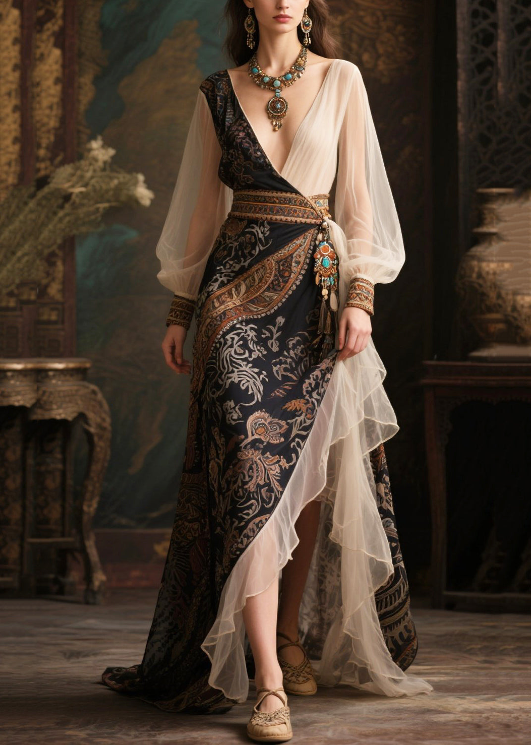 Paisley Print Wrap V-Neck Bishop Sleeve Embroidered Cuff Belted Tiered Maxi Gown