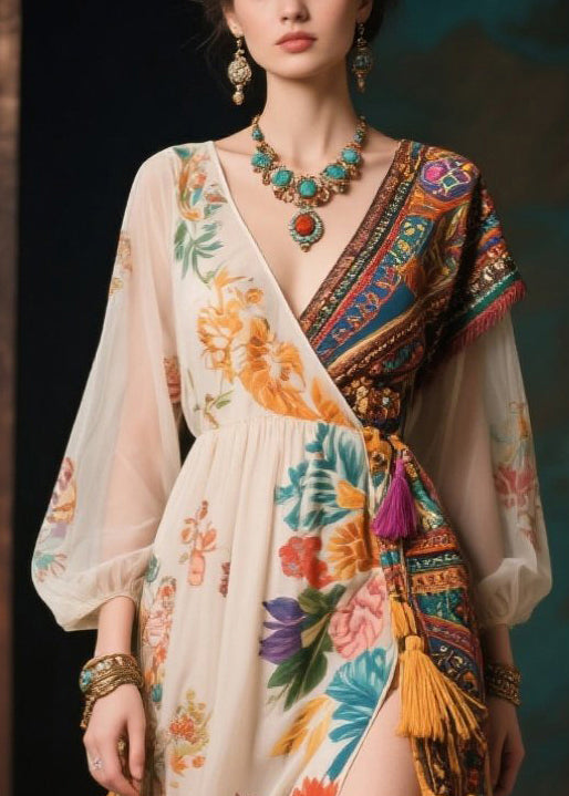Mixed Print Floral Wrap Tassel Trim Bishop Sleeve V-Neck High Split Chiffon Maxi Dress