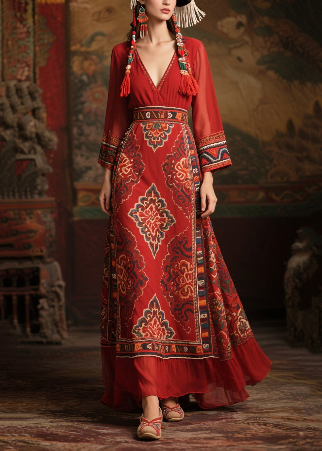 Chiffon Deep V-Neck Long Sleeve Medallion Print Belted Ruffle Hem Maxi Dress