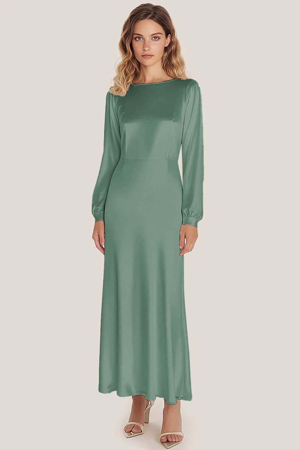 Ivory Satin Scoop Neck A-Line Ankle Length Formal Dress with Long Sleeves