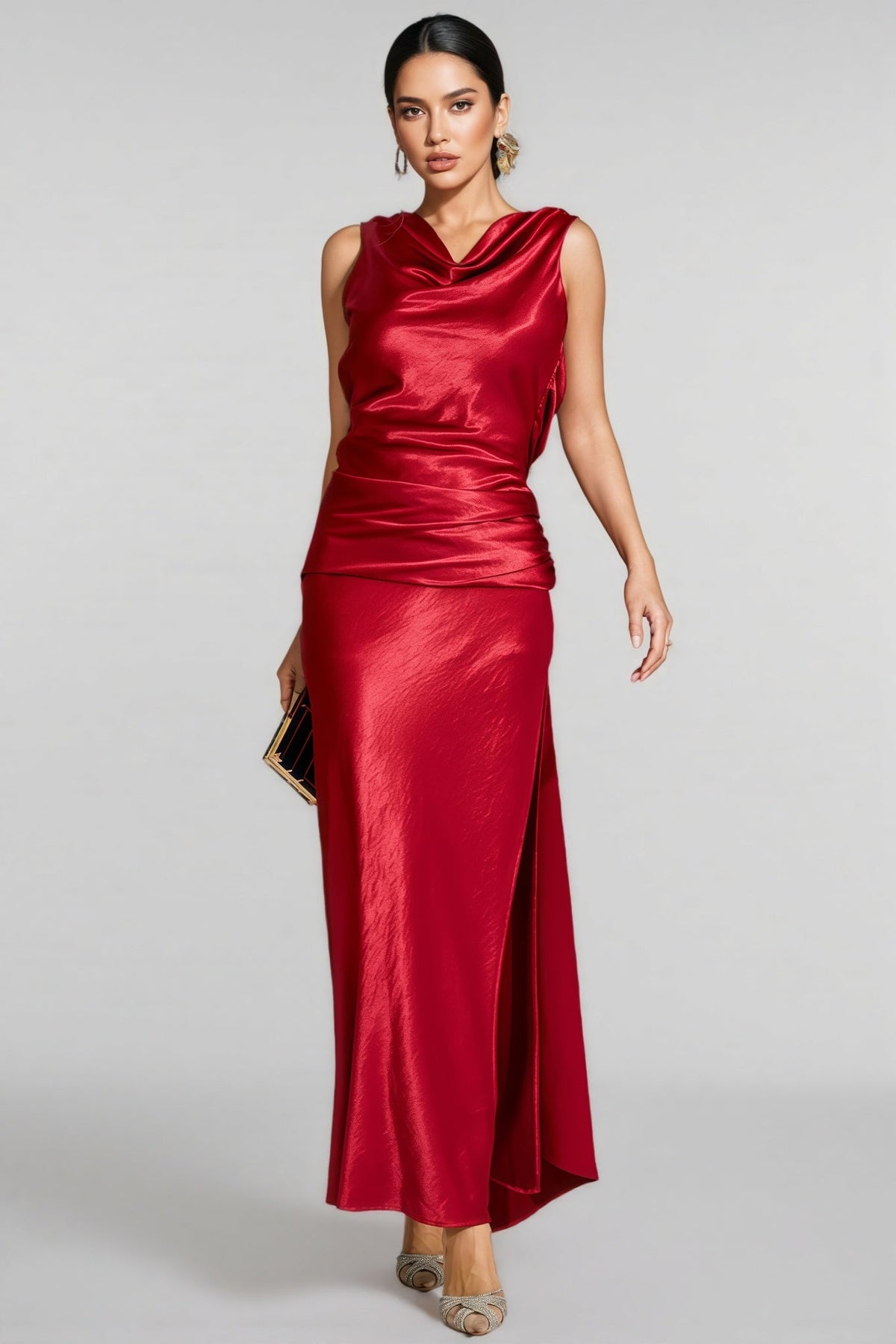 Satin Cowl Neck Sleeveless Draped Ruched Waist Maxi Dress