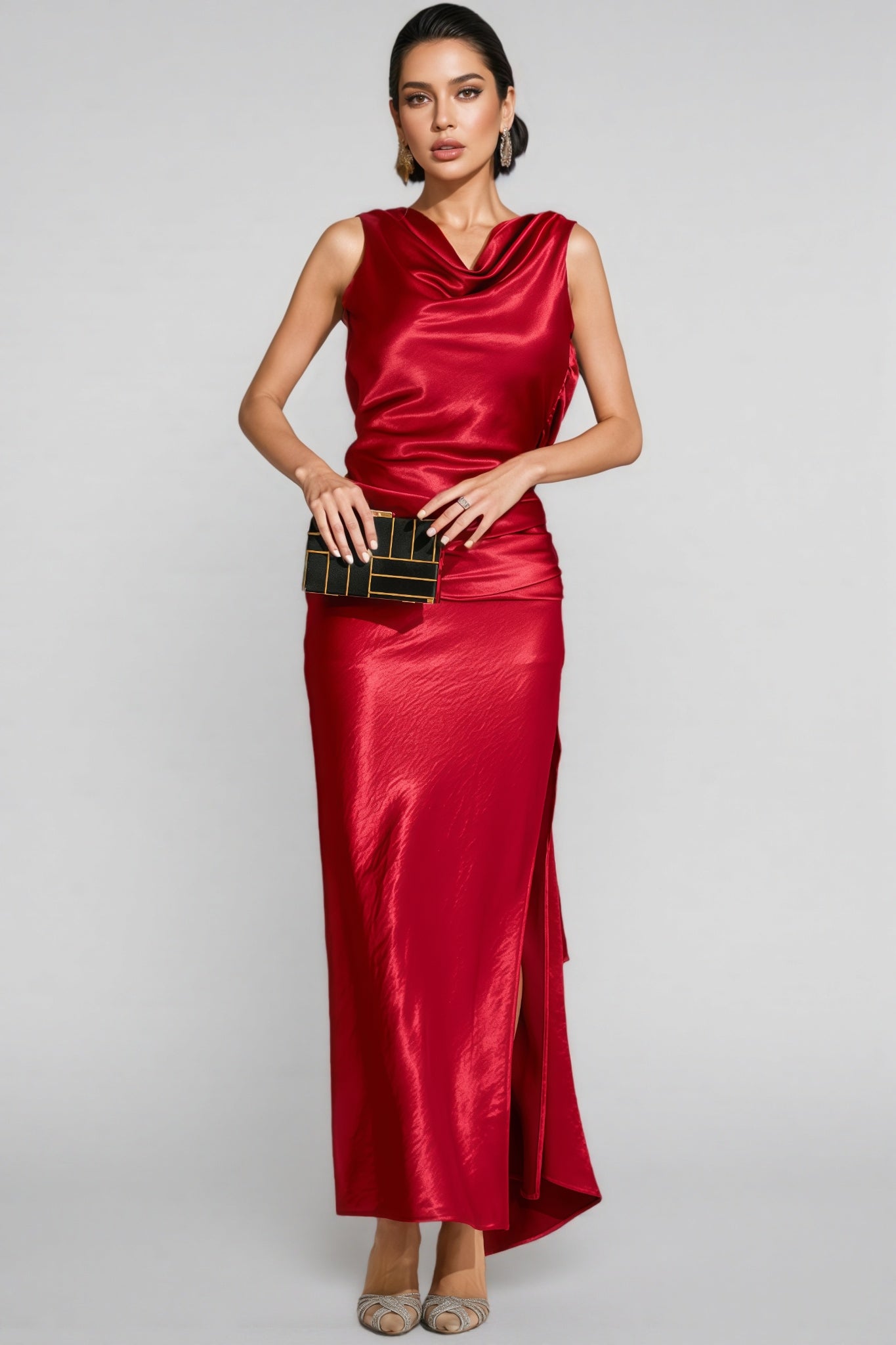 Conjunto Wine Red Satin Backless Maxi Dress - View 2