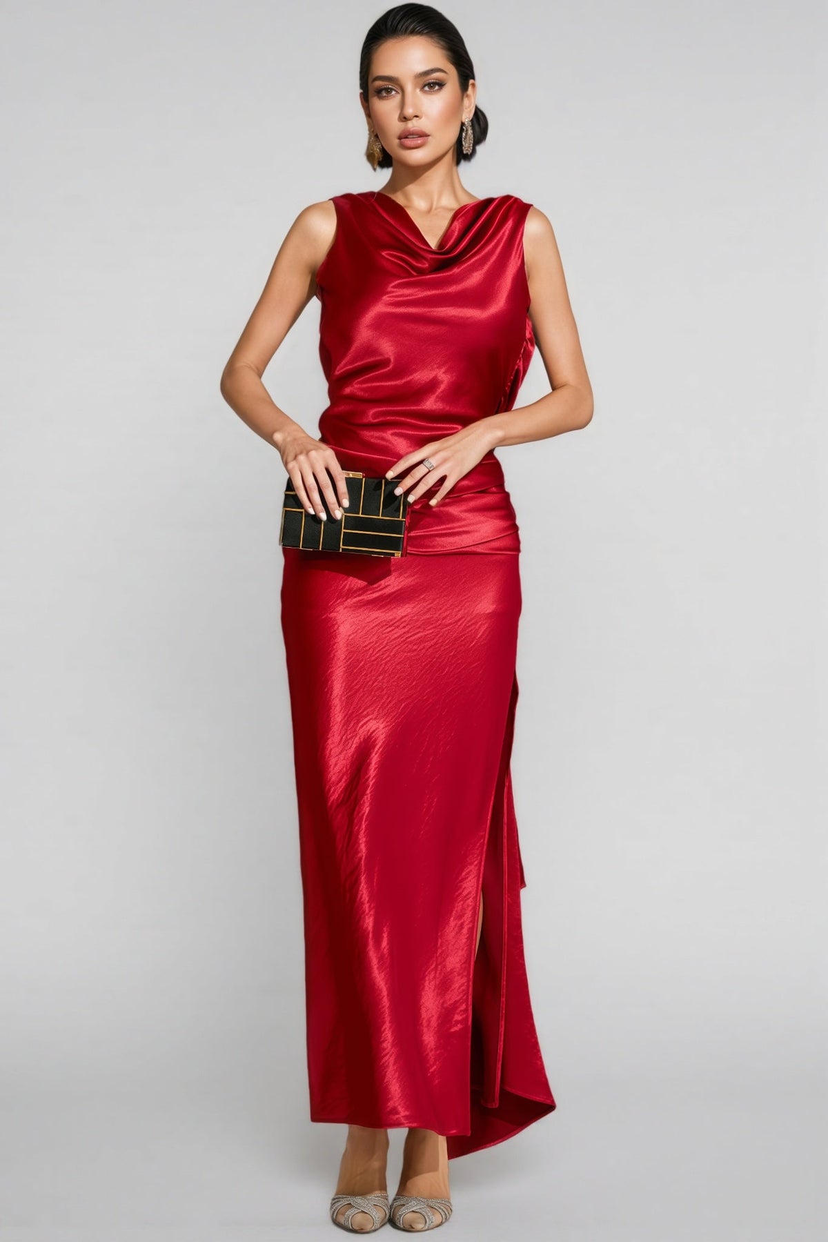 Satin Cowl Neck Sleeveless Draped Ruched Waist Maxi Dress 2