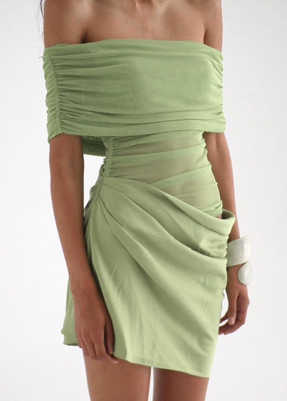 Off Shoulder Mesh Stripe Panel Wrap Bodycon Mini Dress