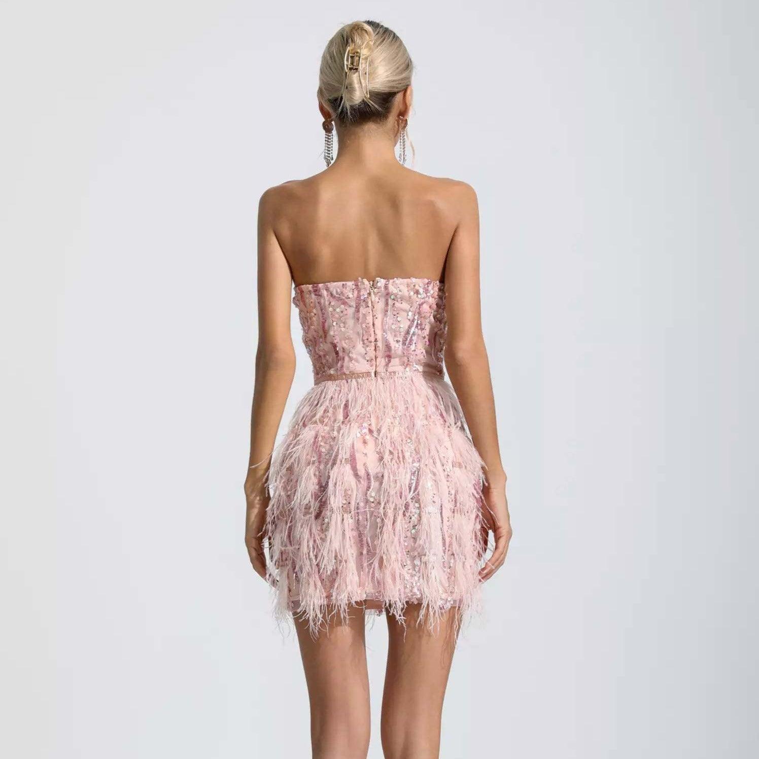 Sequin Strapless Bustier Feather Trim Mini Dress