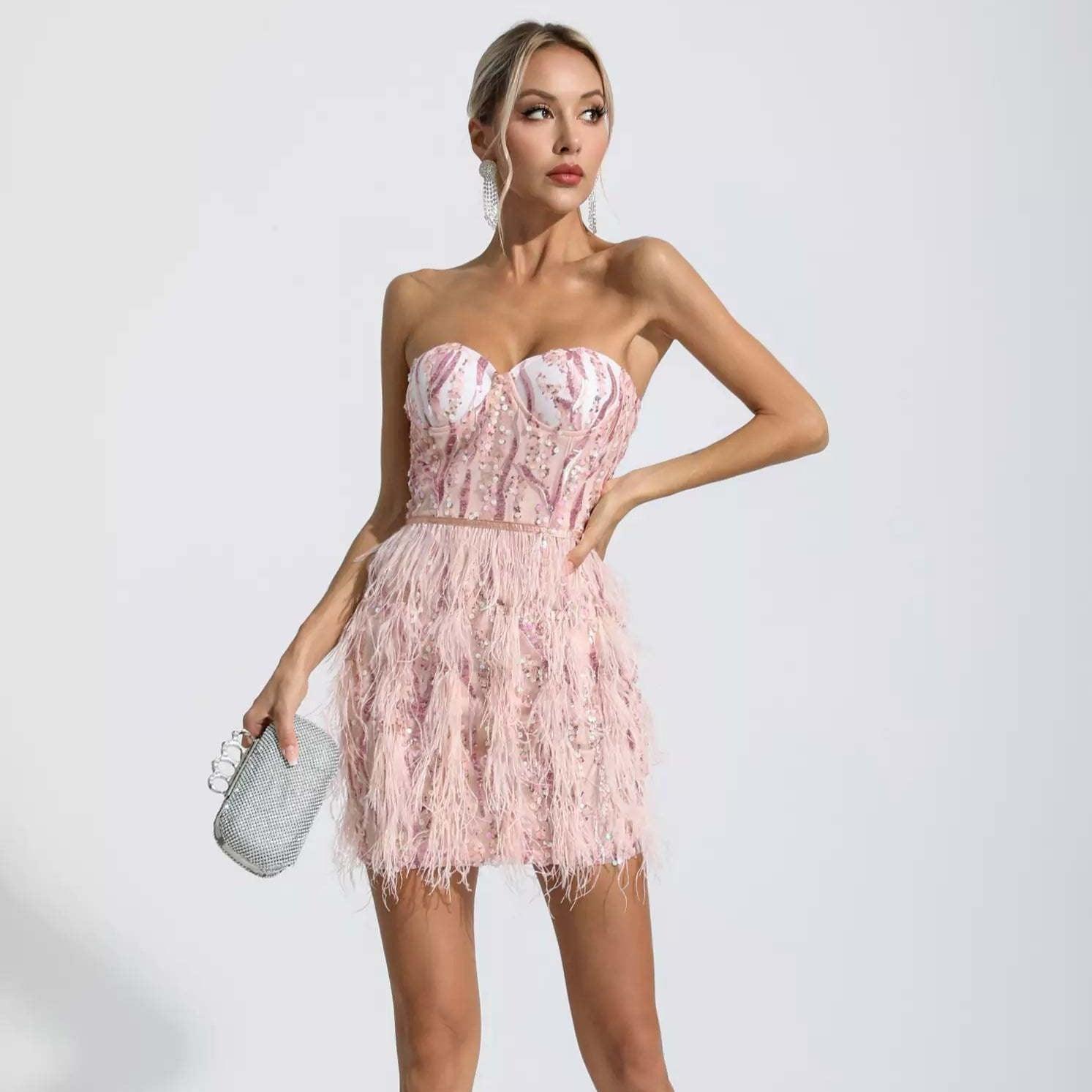 Sequin Strapless Bustier Feather Trim Mini Dress