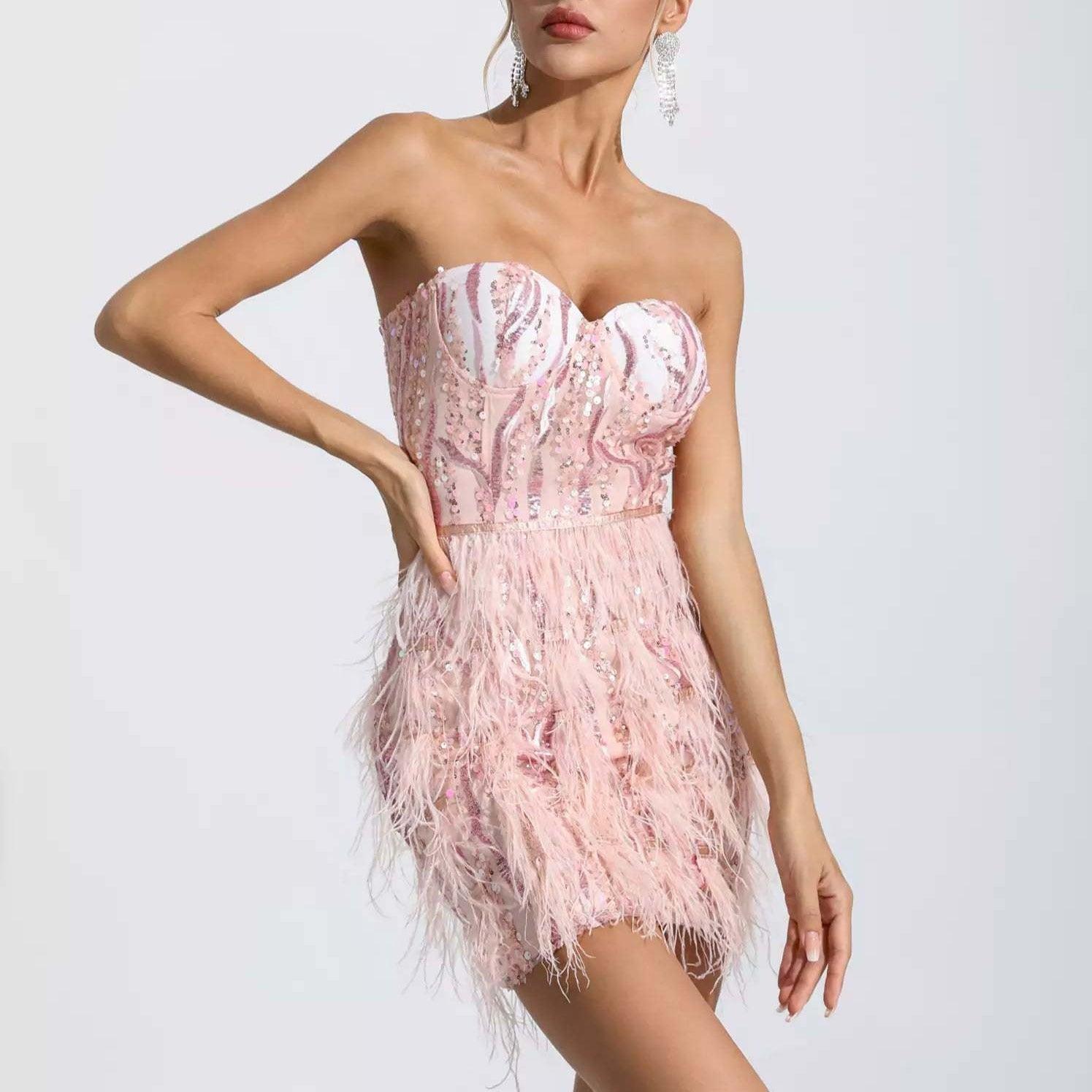 Sequin Strapless Bustier Feather Trim Mini Dress