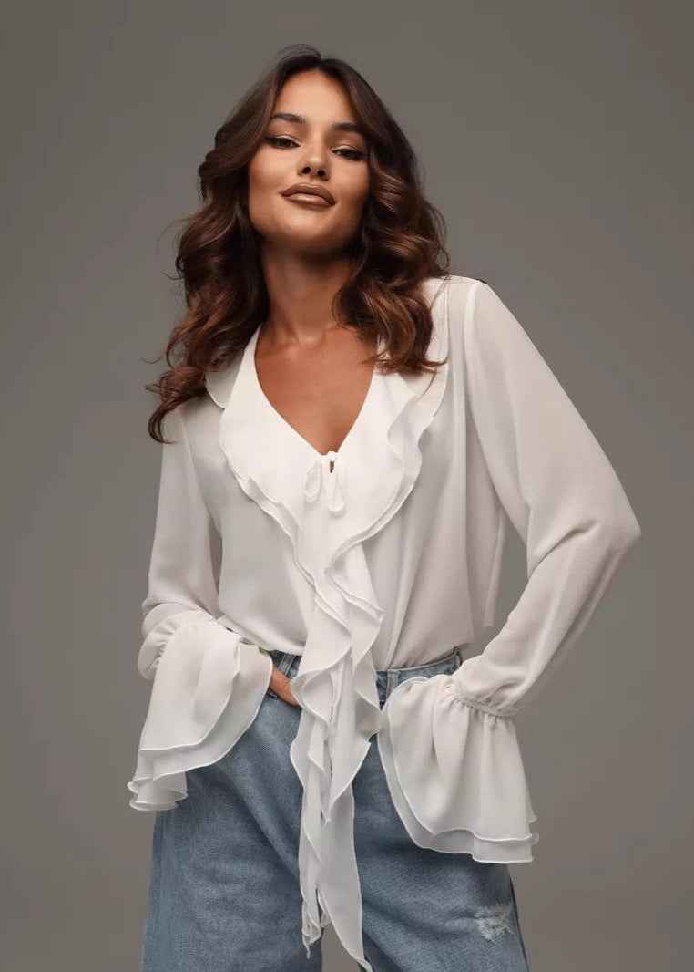Elegant Ruffled Chiffon Blouse with Short Sleeves & Lightweight Fabric