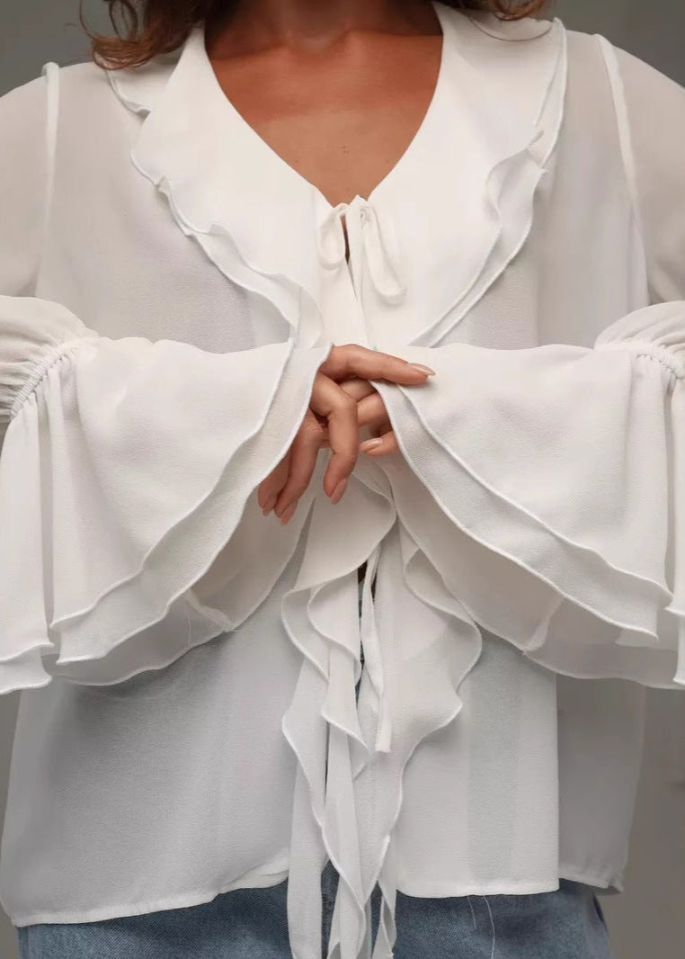 Elegant Ruffled Chiffon Blouse with Short Sleeves & Lightweight Fabric