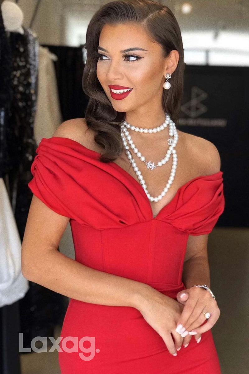 15748 - Red Off-Shoulder Floor-Length Prom Evening Dress With Side Split