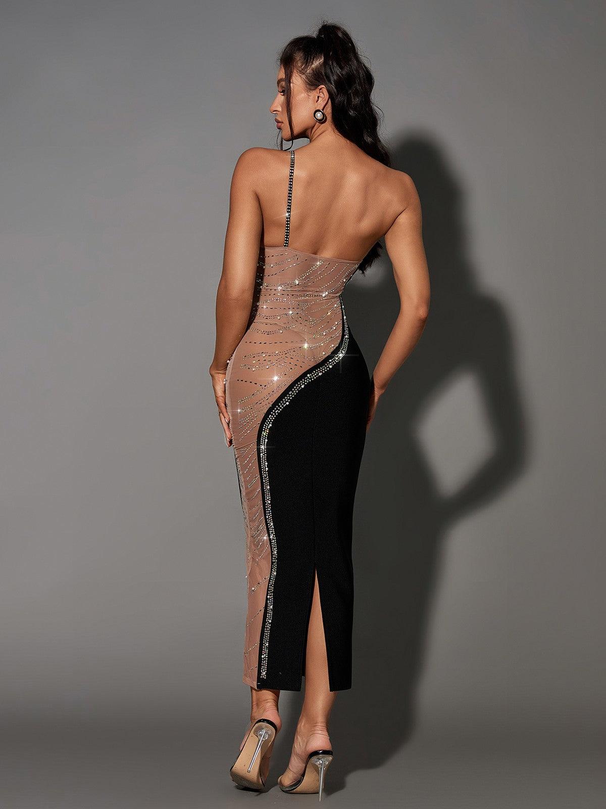 One Shoulder Rhinestone Trim Mesh Cut Out Bandage Bodycon Midi Dress