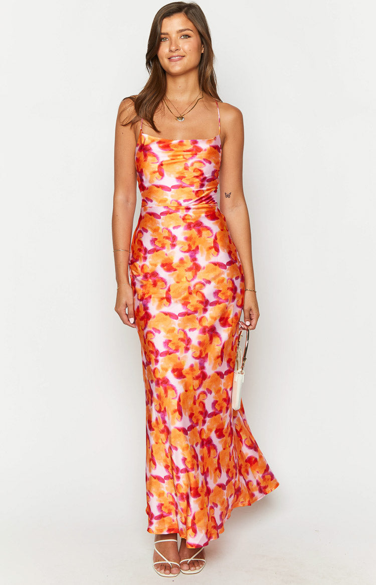 Abstract Print Satin Lace Up Open Back Maxi Dress 2