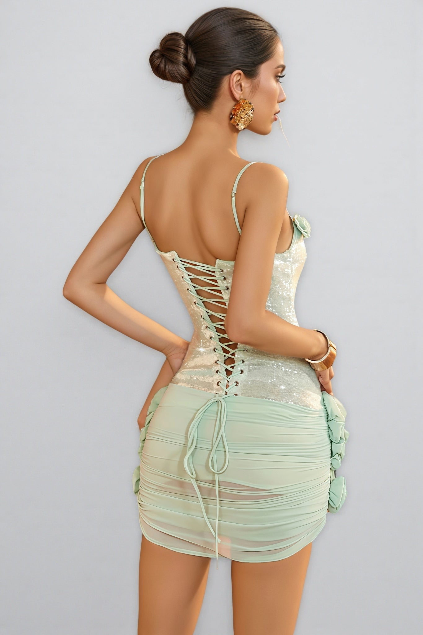 Sequin Spaghetti Strap 3D Floral Ruched Bodycon Mini Dress - View 5