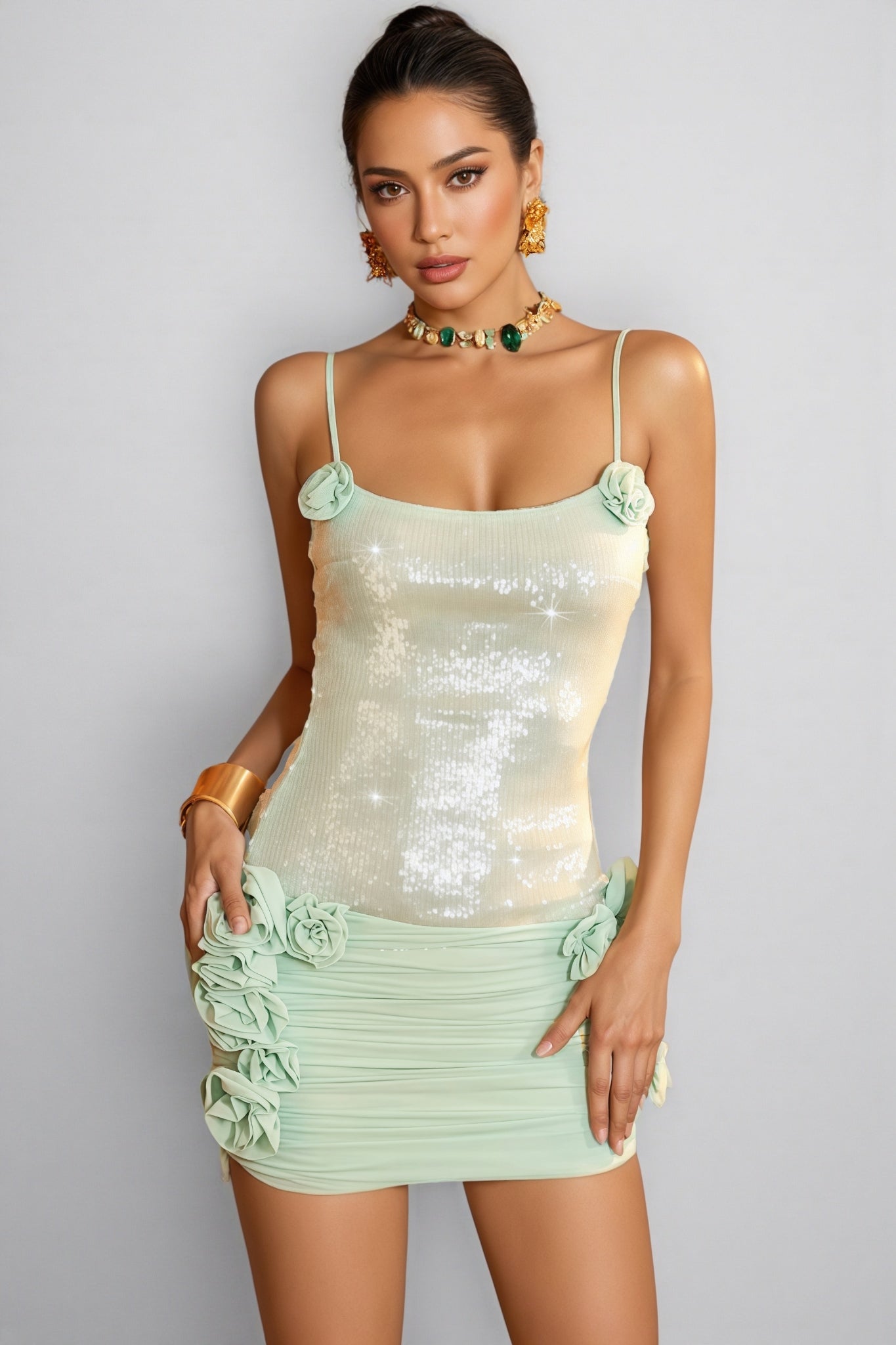 Sequin Spaghetti Strap 3D Floral Ruched Bodycon Mini Dress