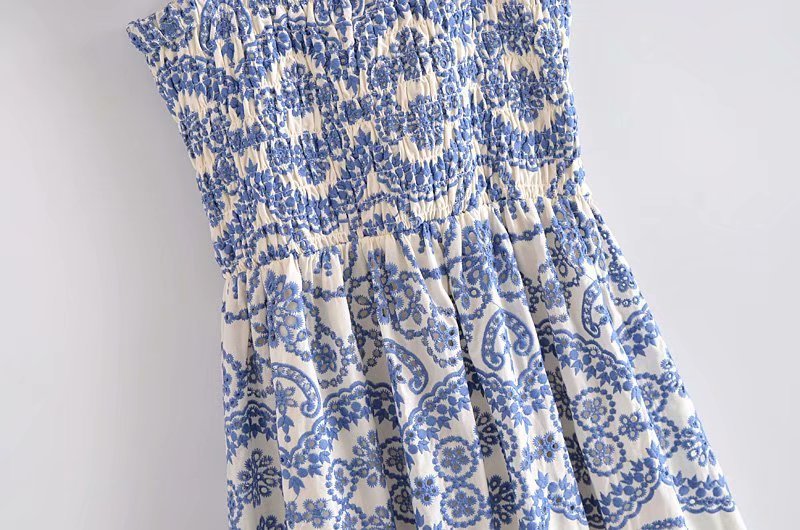 Smocked Ruffle Strap Medallion Embroidery Waist Cut Out Scalloped Hem Midi Dress