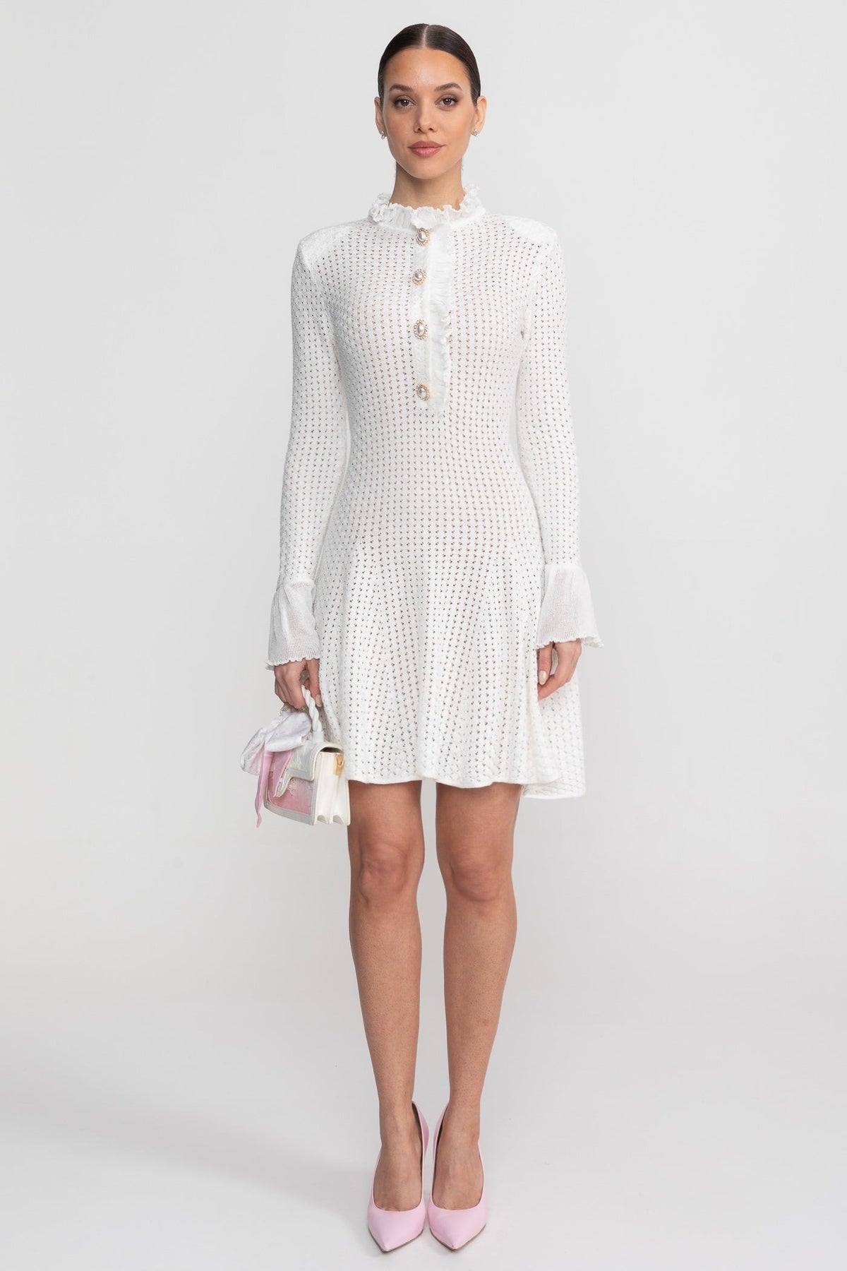 Open Knit Ruffle Neck Button Front Flare Cuff Long Sleeve Mini Dress 2