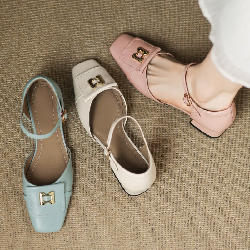 Square Toe Metal Buckle Ankle Strap Block Heel Mary Jane Pumps