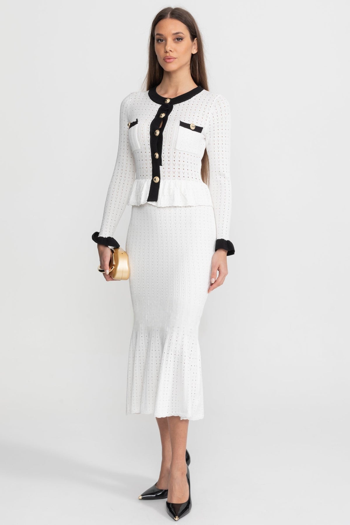 Pointelle Knit Contrast Trim Peplum Cardigan and Fluted Hem Midi Skirt Two Piece Set 2