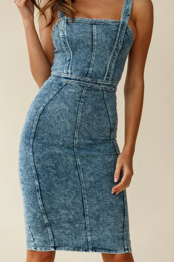 Acid Wash Denim-Look Square Neck Seamed Bodycon Midi Dress 4