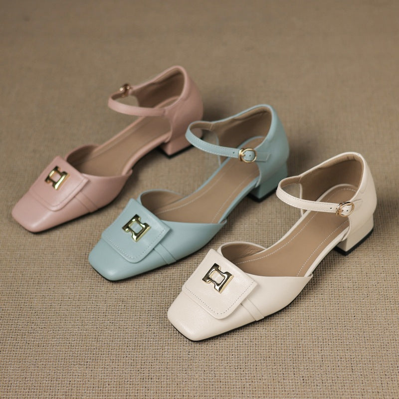Square Toe Metal Buckle Ankle Strap Block Heel Mary Jane Pumps