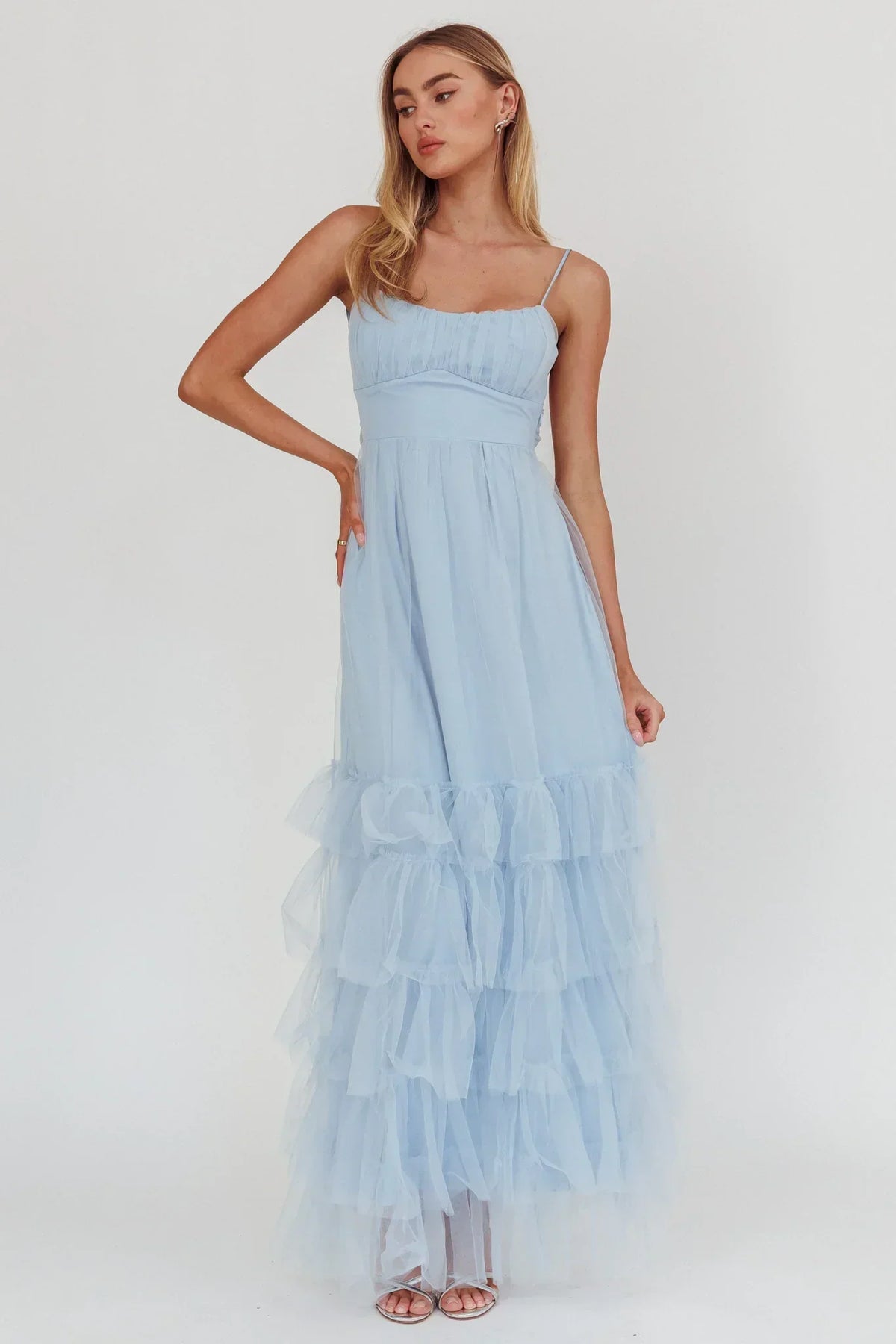 Tulle Spaghetti Strap Ruched Bust Tiered Ruffle Maxi Dress 5