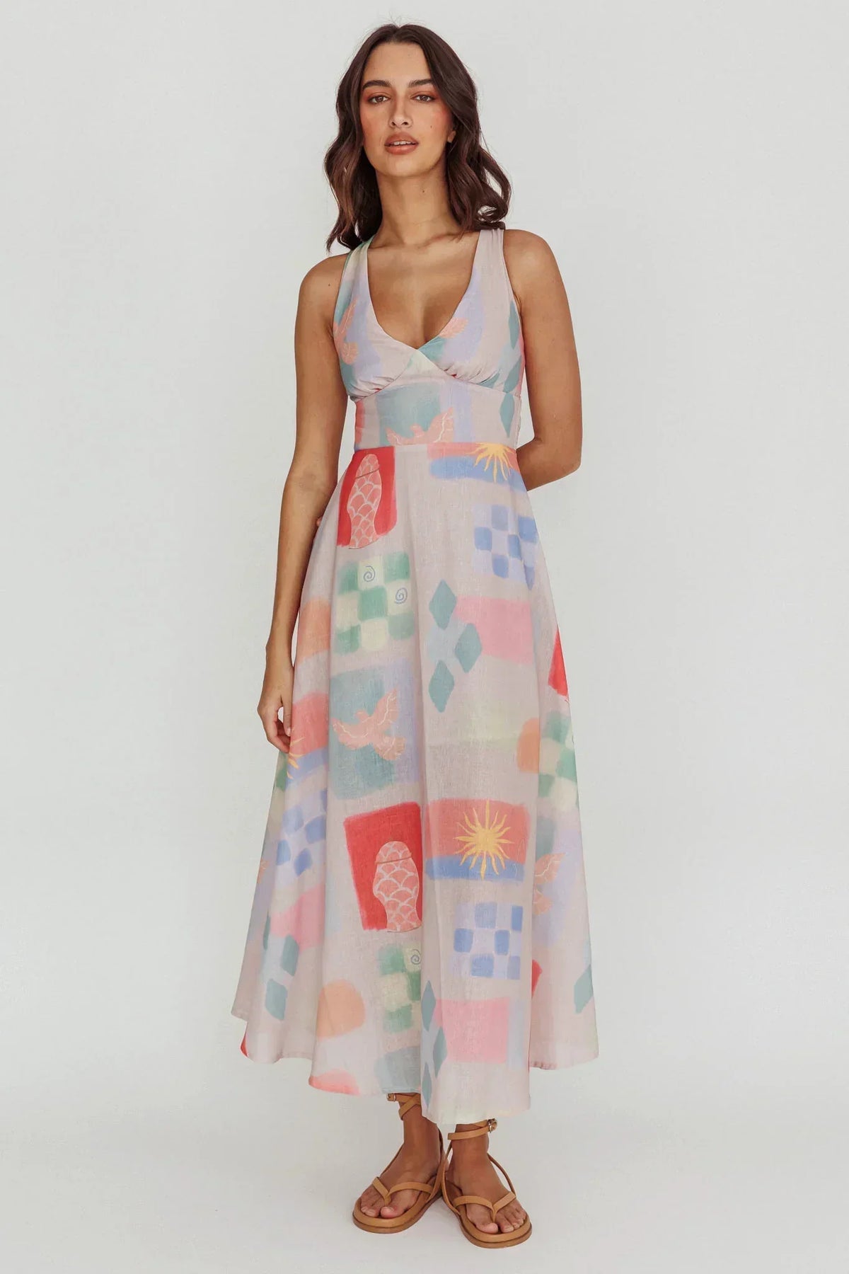 Abstract Print V-Neck Sleeveless Empire Waist A-Line Maxi Dress 3