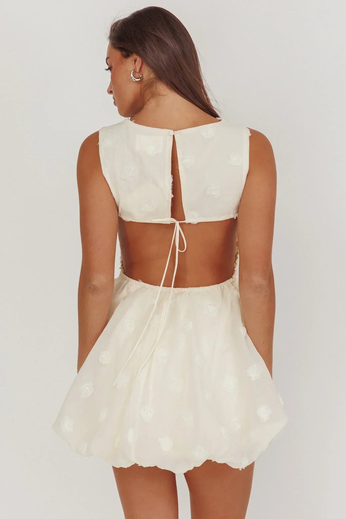 3D Rose Applique Sleeveless Open Back Bubble Hem Mini Dress 2