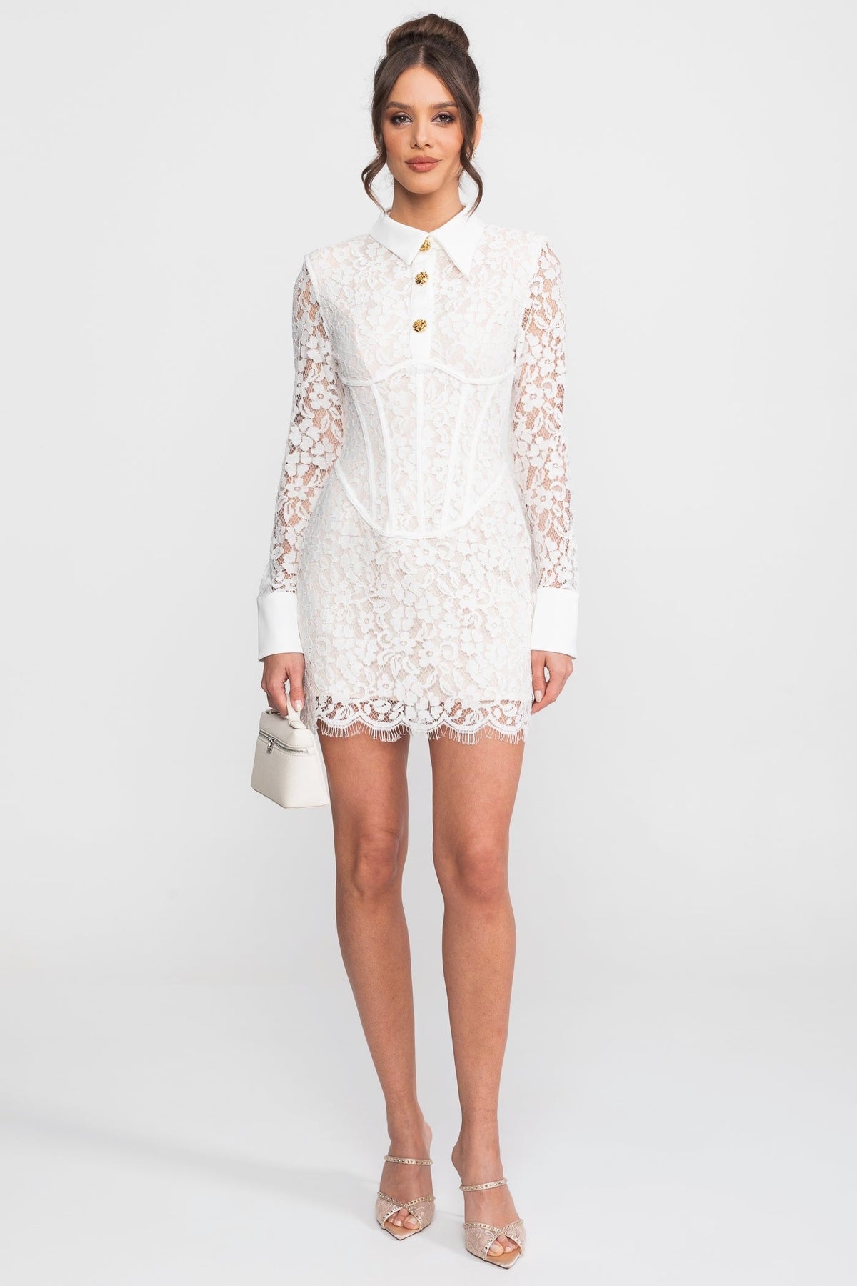 Lace Collared Long Sleeve Corset Seam Scallop Hem Mini Dress 2